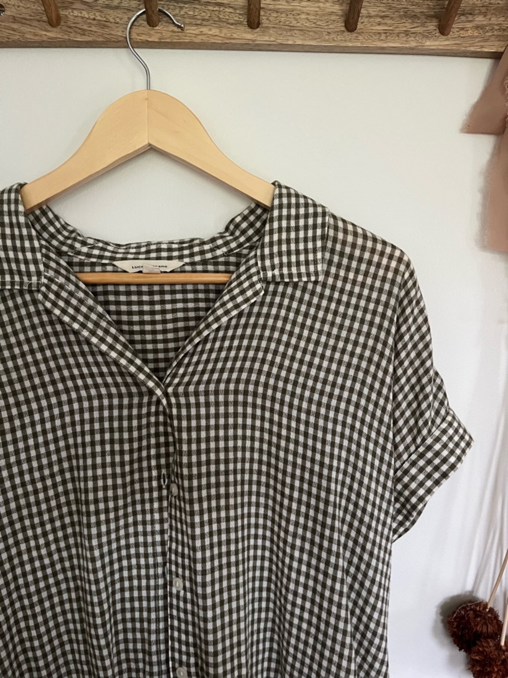 Lucky Brand Olive Green and White Gingham Button-Front Top